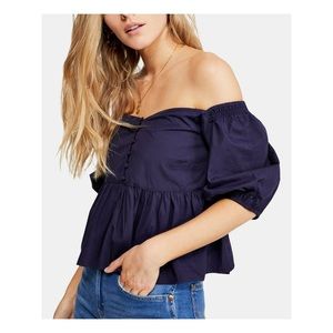 Free People navy blue puffy sleeve peasant blouse sz L